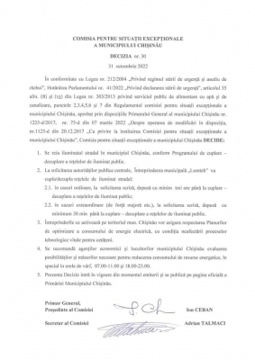 DECIZIA CSE A MUNICIPIULUI CHIȘINĂU A FOST DE A REVENI LA GRAFICUL ILUMINATULUI PUBLIC ÎN MUNICIPIUL CHIȘINĂU, CONFORM PROGRAMULUI ÎNTREPRINDERII MUNICIPALE "LUMTEH"