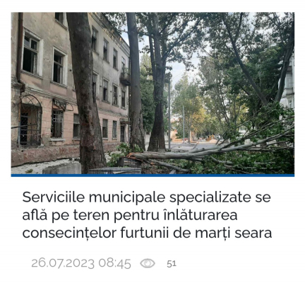 SERVICIILE MUNICIPALE SPECIALIZATE SE AFLĂ PE TEREN PENTRU ÎNLĂTURAREA CONSECINȚELOR FURTUNII